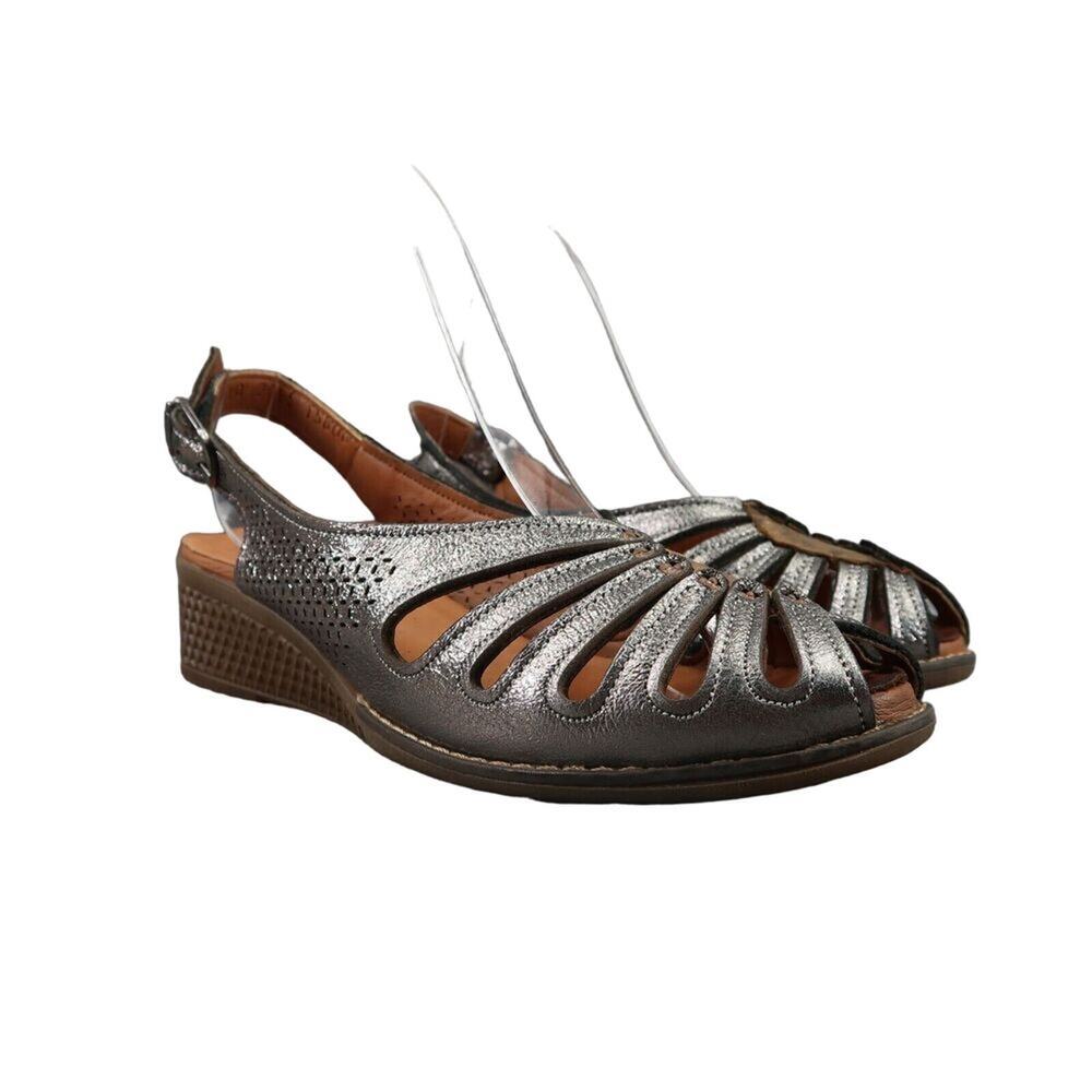 Ethan Valdes Shoes Womens 36 Sandals Slingback Wedge Classic Leather Metallic